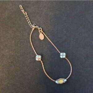1928 Dainty Light Blue Rhinestone Flower Rhinestone Copper Colored Bracelet